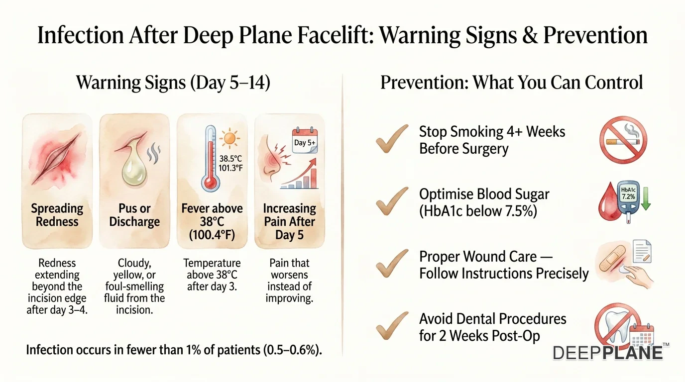 Post-facelift infection warning signs: spreading redness, warmth, drainage, fever above 101°F, and foul odor from incision