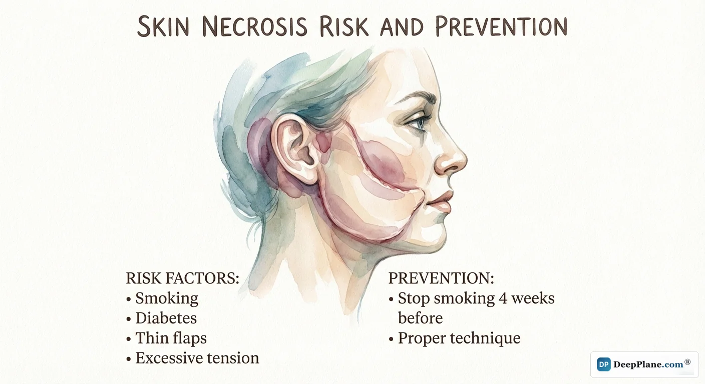 Skin necrosis risk zones after facelift showing highest risk behind ear and at skin flap edges, with smoking as primary risk factor