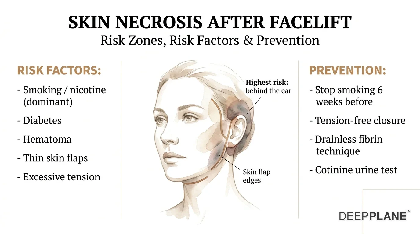 Skin necrosis risk zones after facelift showing highest risk behind ear and at skin flap edges, with smoking as primary risk factor