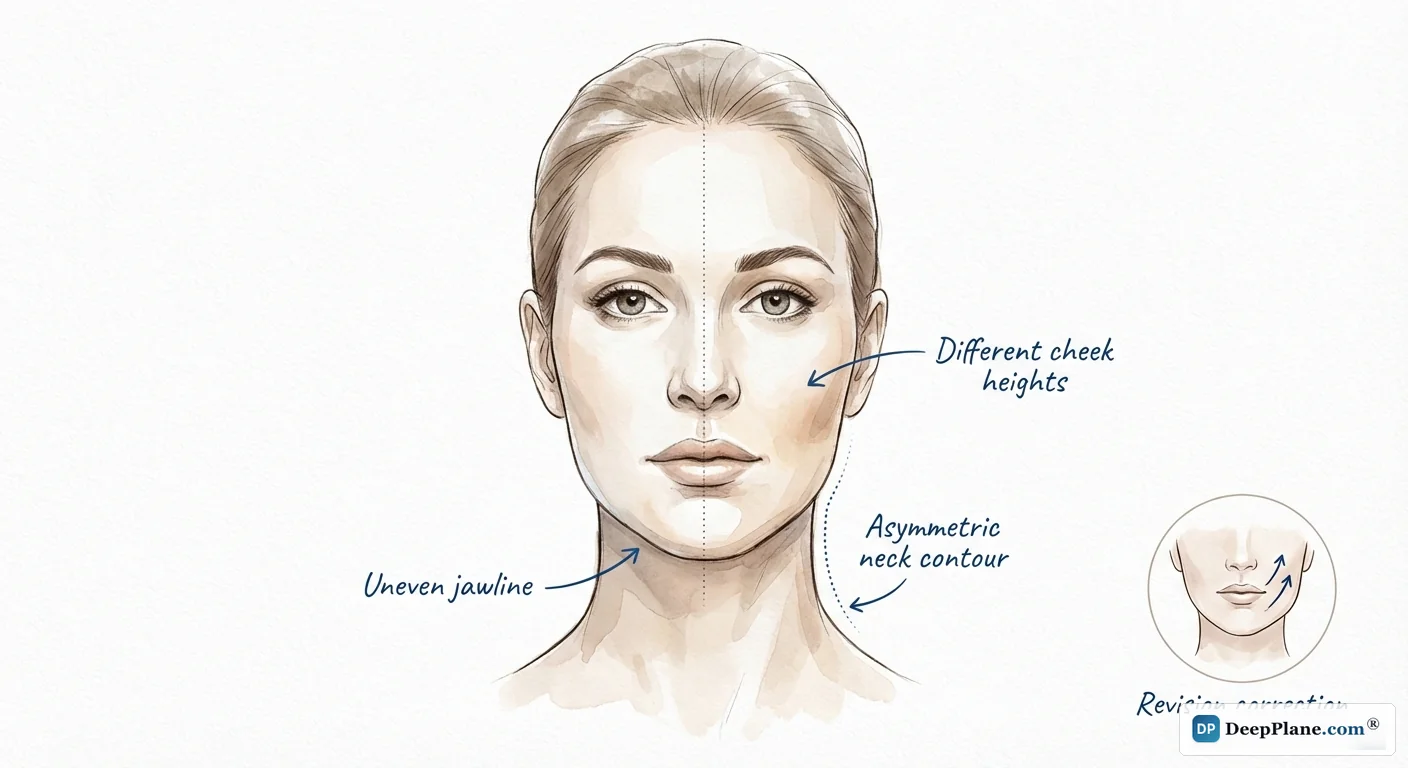 Facial asymmetry after facelift showing uneven jawline, different cheek heights, and asymmetric neck contour with revision correction