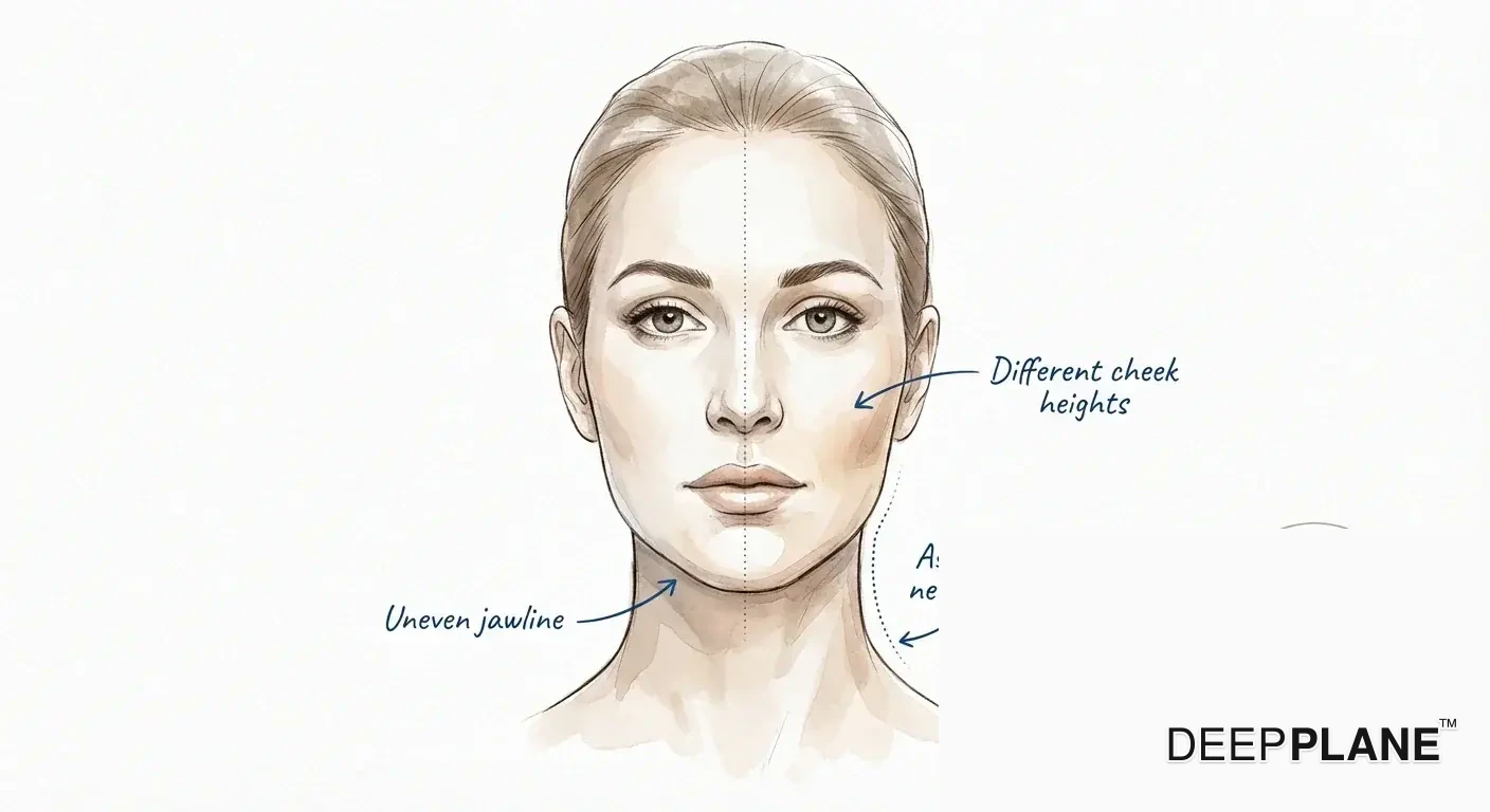 Facial asymmetry after facelift showing uneven jawline, different cheek heights, and asymmetric neck contour with revision correction