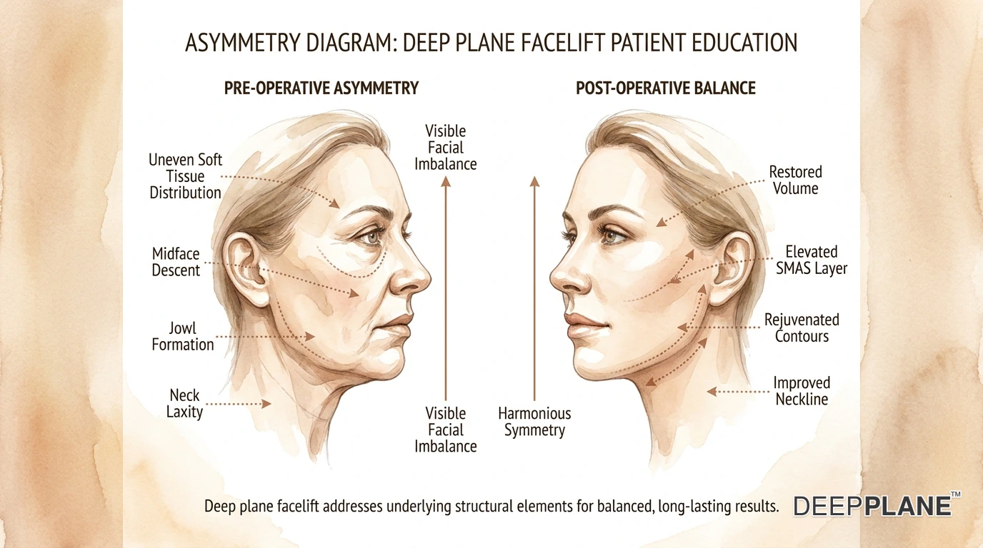 Facial asymmetry after facelift showing uneven jawline, different cheek heights, and asymmetric neck contour with revision correction