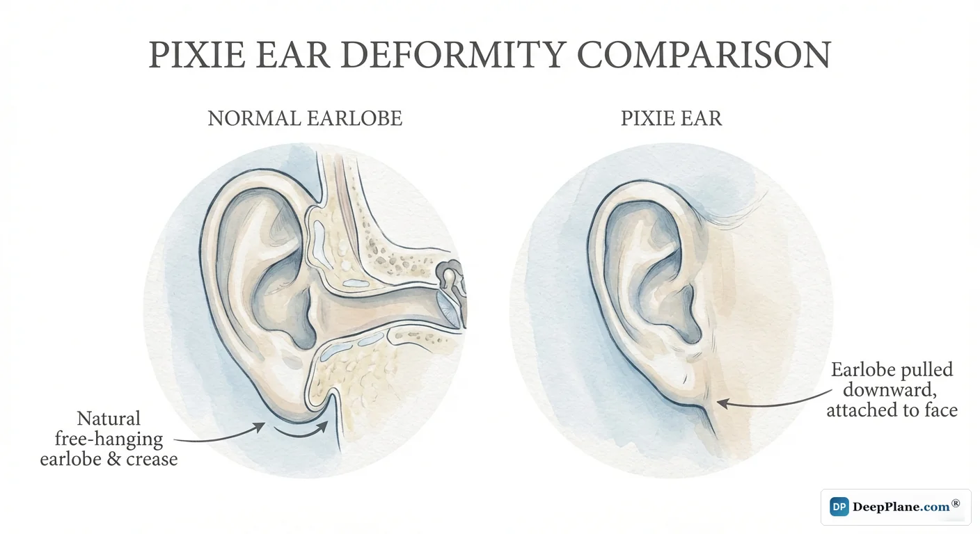 Pixie ear deformity comparison: normal free-hanging earlobe versus pulled-down attached earlobe from excessive surgical tension