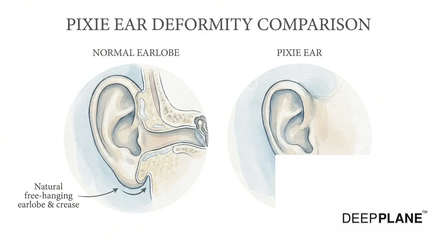 Pixie ear deformity comparison: normal free-hanging earlobe versus pulled-down attached earlobe from excessive surgical tension