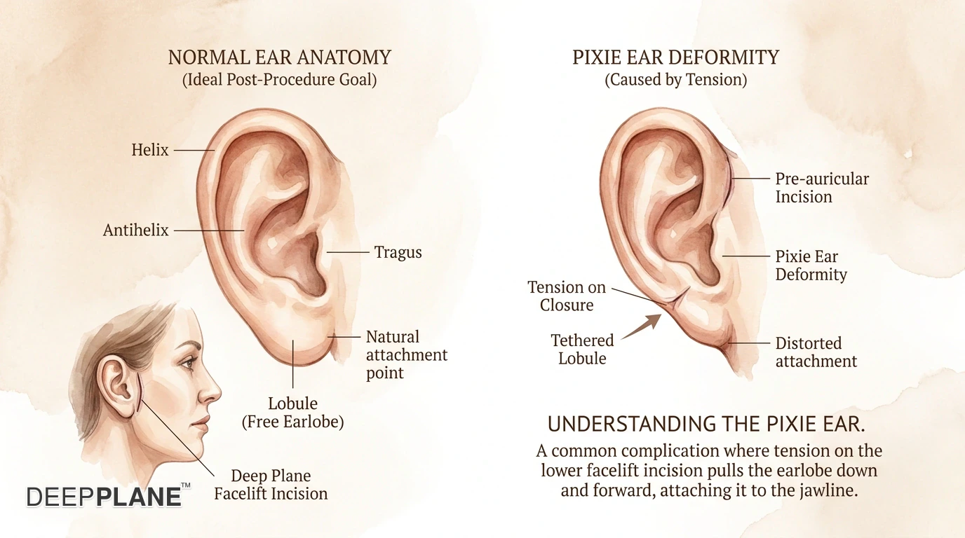 Pixie ear deformity comparison: a normal free-hanging earlobe versus a pulled-down attached earlobe from excessive skin tension.