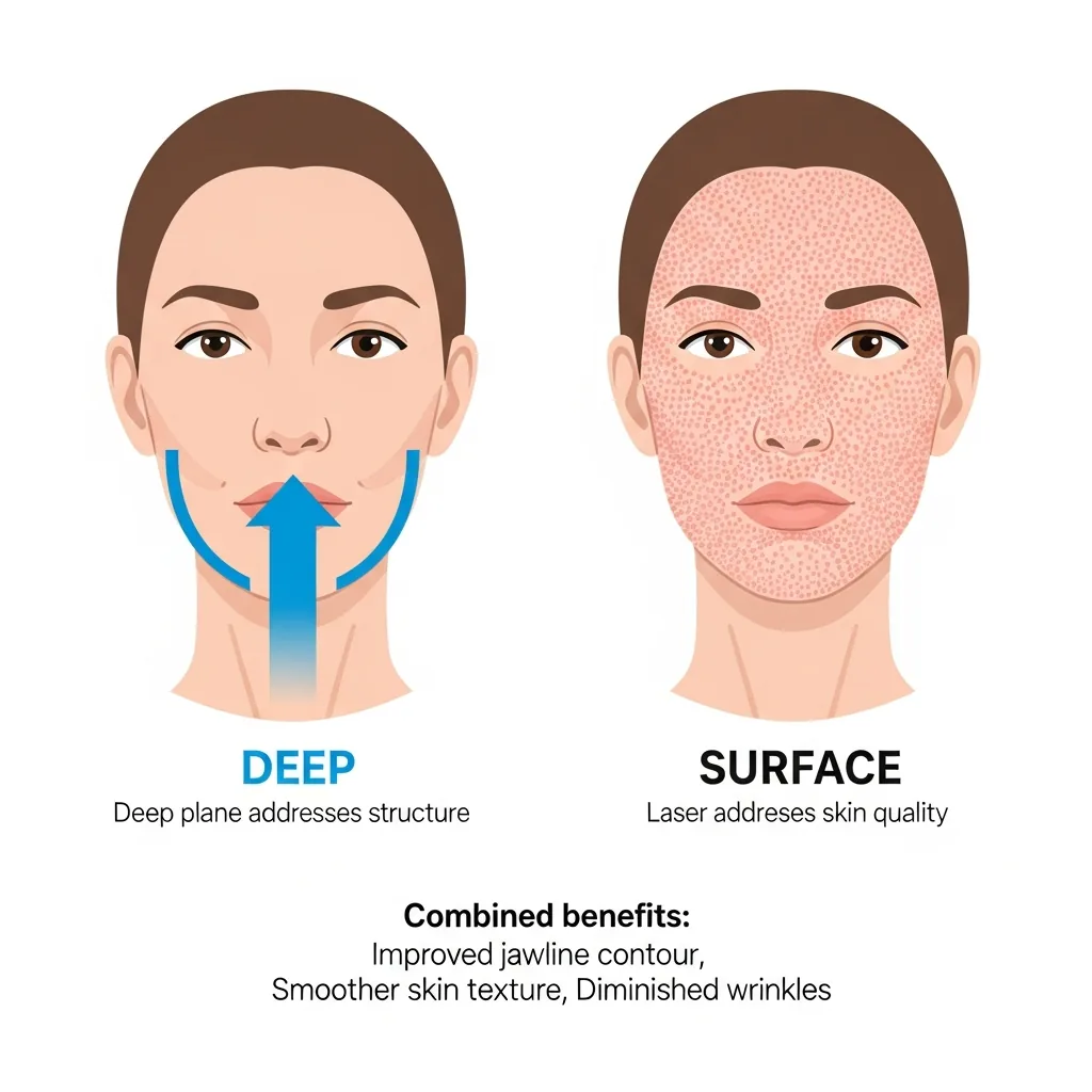 Deep plane facelift combined with laser resurfacing: structural repositioning in blue plus surface skin rejuvenation in pink