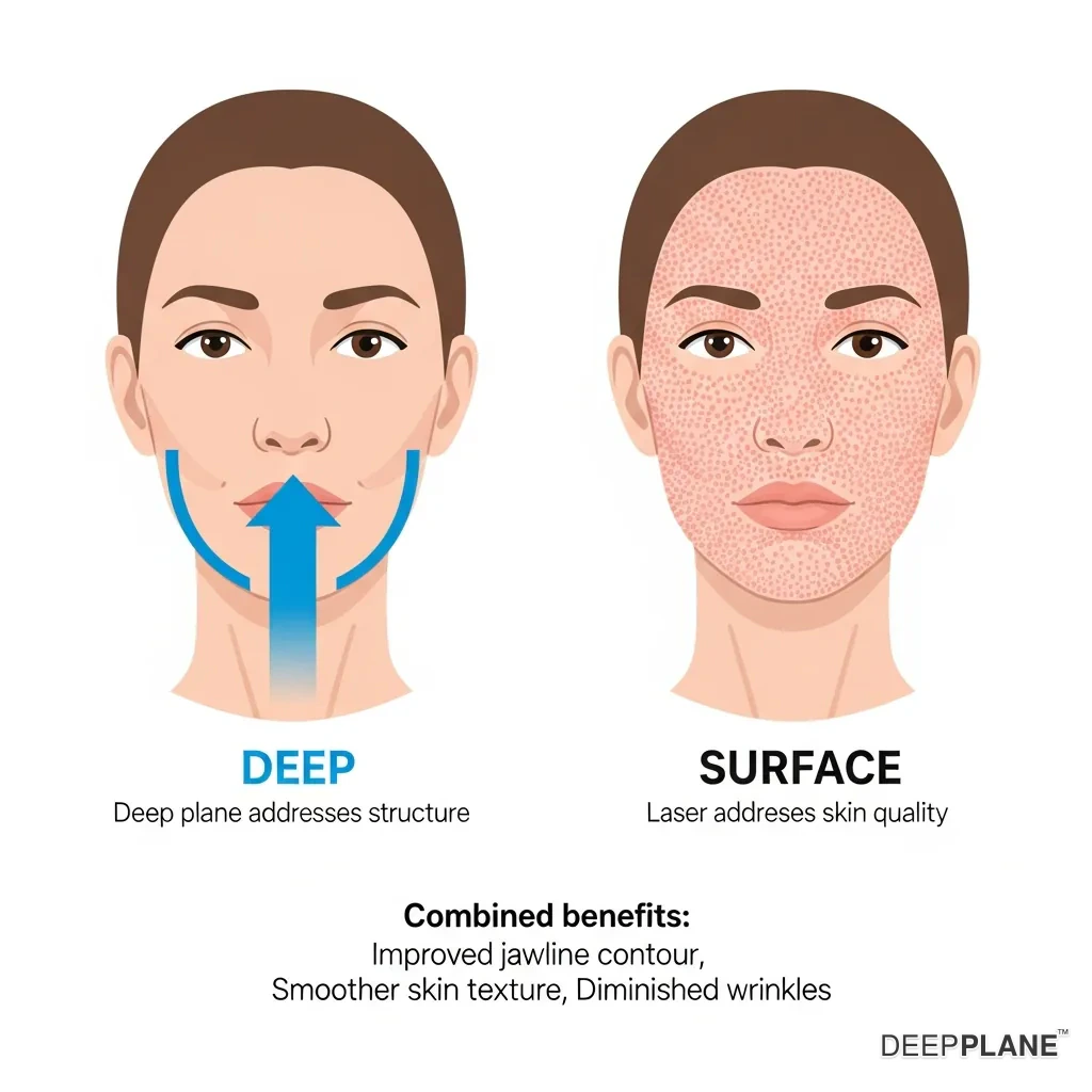Deep plane facelift combined with laser resurfacing: structural repositioning in blue plus surface skin rejuvenation in pink