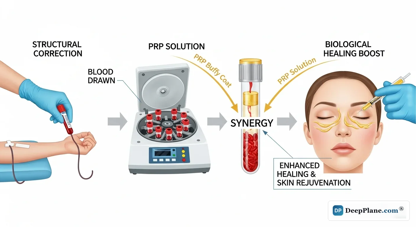 Deep plane facelift combined with PRP therapy showing structural correction enhanced by platelet-rich plasma for accelerated healing