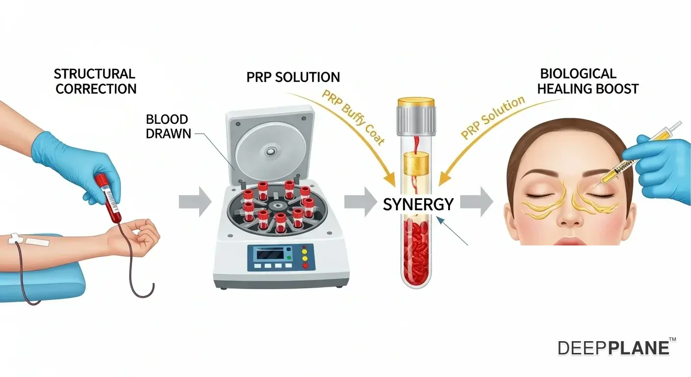 Deep plane facelift combined with PRP therapy showing structural correction enhanced by platelet-rich plasma for accelerated healing
