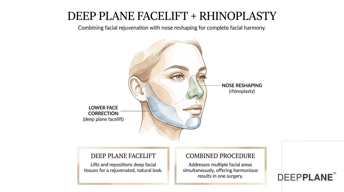Deep plane facelift combined with rhinoplasty for complete facial harmony: lower face correction in blue plus nose reshaping in green