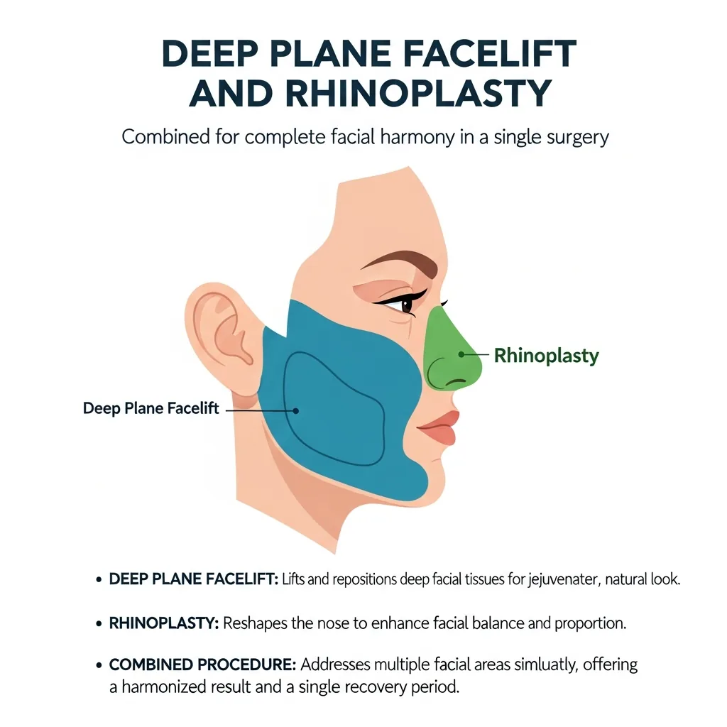Deep plane facelift combined with rhinoplasty for complete facial harmony: lower face correction in blue plus nose reshaping in green
