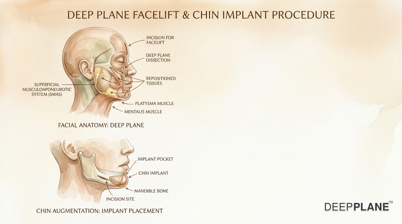 Deep plane facelift combined with chin implant showing improved chin projection and jawline definition from dual procedure