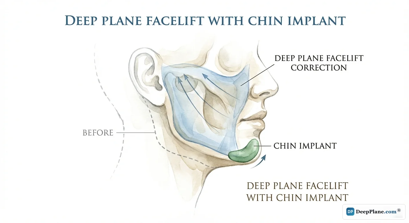 Deep plane facelift combined with chin implant showing improved chin projection and jawline definition from dual procedure