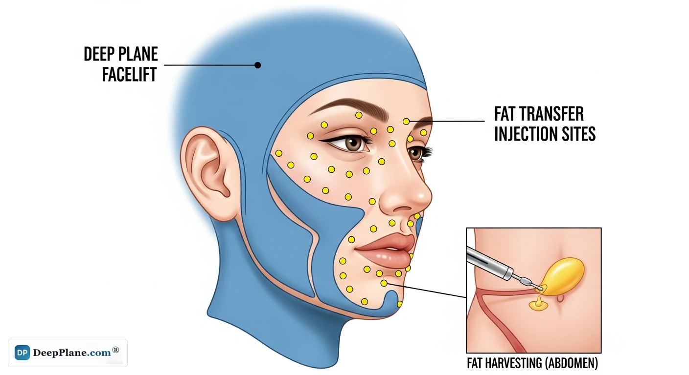 Deep plane facelift combined with fat transfer: structural lift plus volume restoration at cheeks, temples, and lips