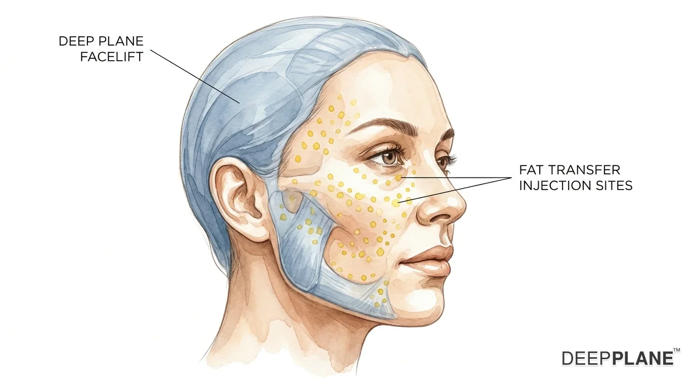 Deep plane facelift combined with fat transfer: structural lift plus volume restoration at cheeks, temples, and lips