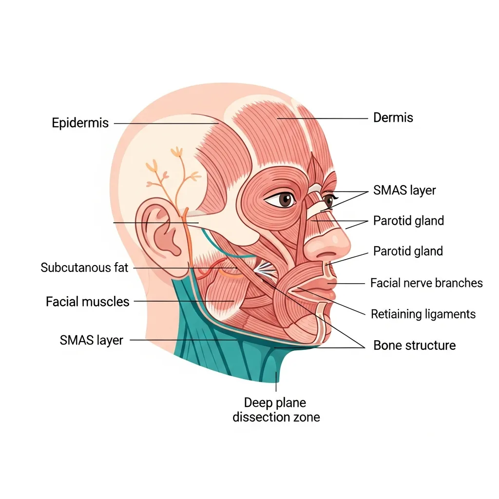 Detailed facial anatomy cross-section showing all surgical layers: epidermis, dermis, subcutaneous fat, SMAS, facial muscles, nerve branches, and deep plane dissection zone