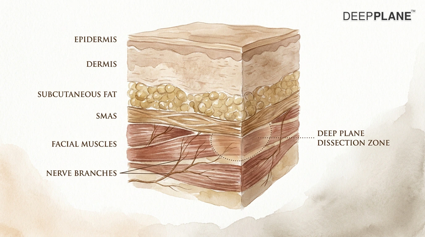 Detailed facial anatomy cross-section showing all surgical layers: epidermis, dermis, subcutaneous fat, SMAS, facial muscles, nerve branches, and deep plane dissection zone