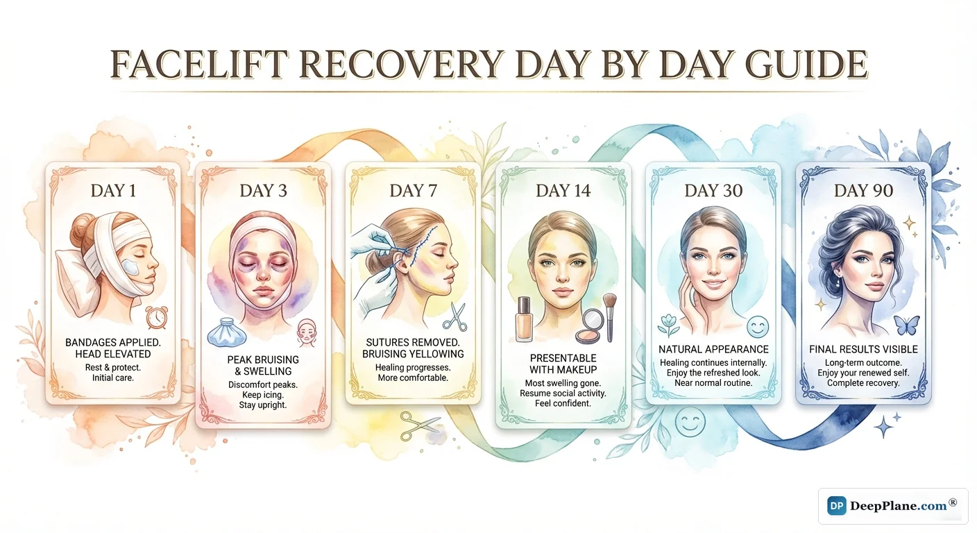 Day-by-day facelift recovery progression from day 1 bandaging through day 90 final results showing bruising, swelling, and healing milestones