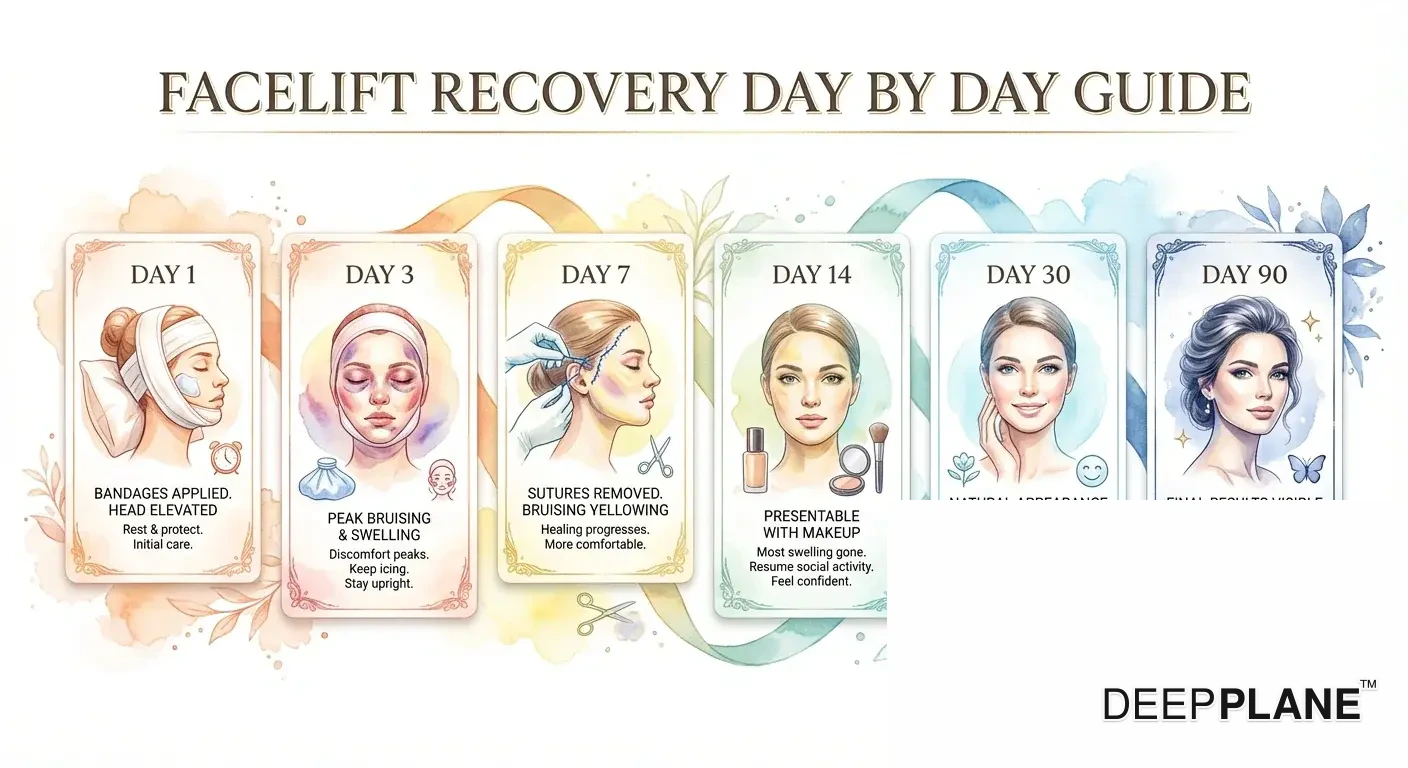 Day-by-day facelift recovery progression from day 1 bandaging through day 90 final results showing bruising, swelling, and healing milestones