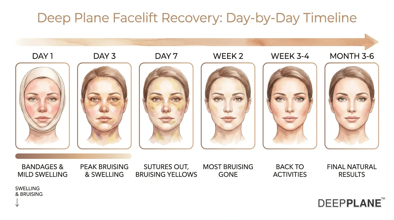 Day-by-day facelift recovery progression from day 1 bandaging through day 90 final results showing bruising, swelling, and healing milestones
