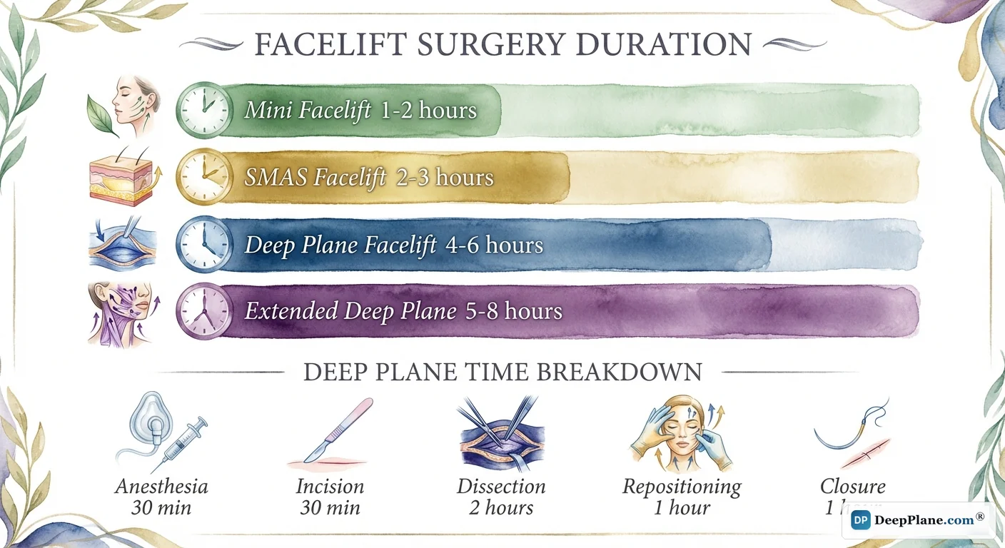 Facelift surgery duration comparison: mini 1-2 hours, SMAS 2-3 hours, deep plane 4-6 hours, extended deep plane 5-8 hours