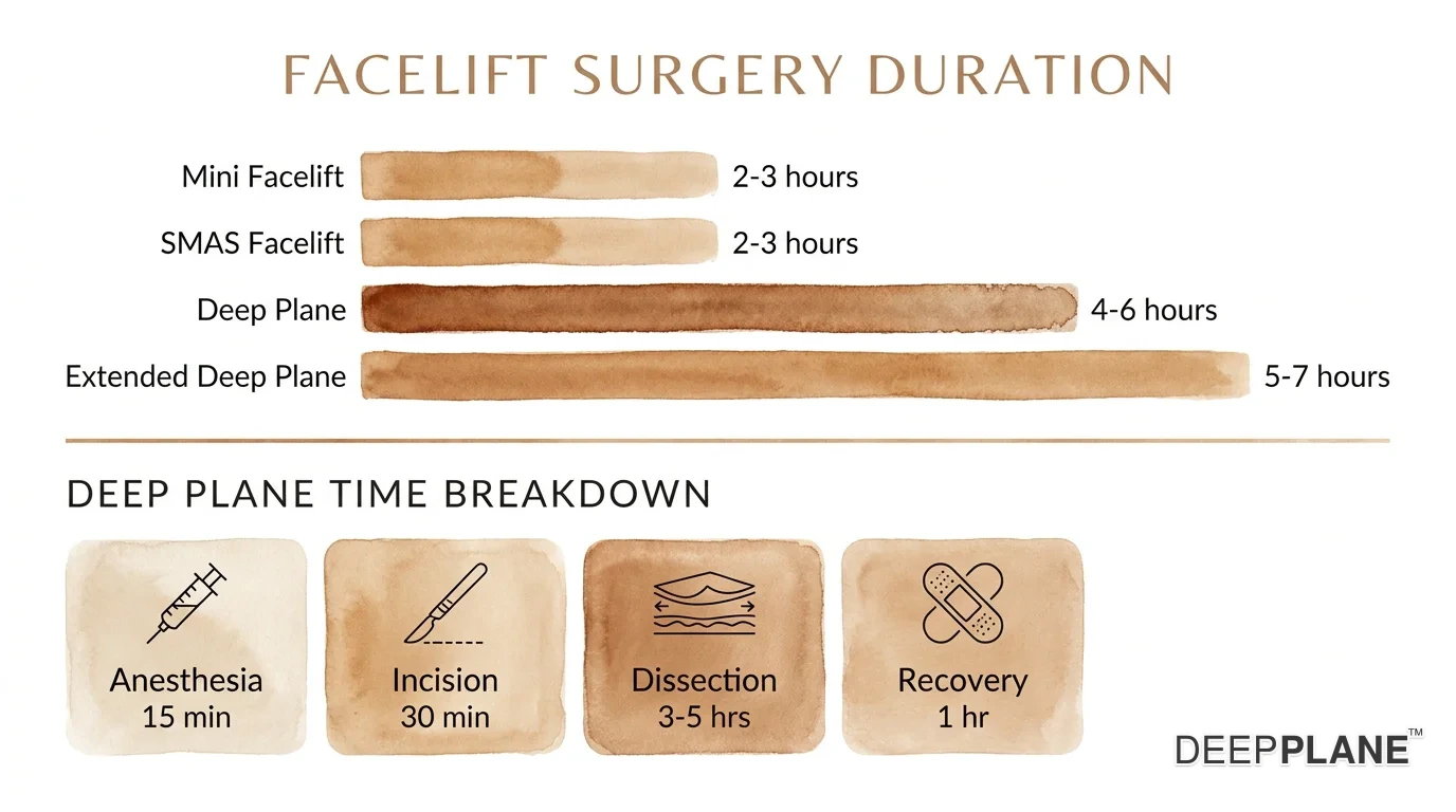 Facelift surgery duration comparison: mini 1-2 hours, SMAS 2-3 hours, deep plane 4-6 hours, extended deep plane 5-8 hours