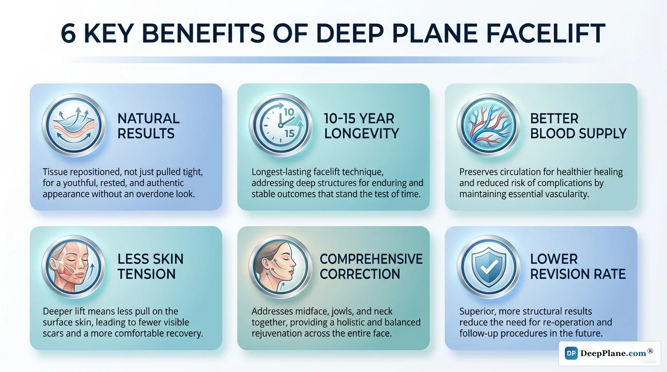 Six key benefits of deep plane facelift: natural results, 10-15 year longevity, better blood supply, less skin tension, comprehensive correction, lower revision rate