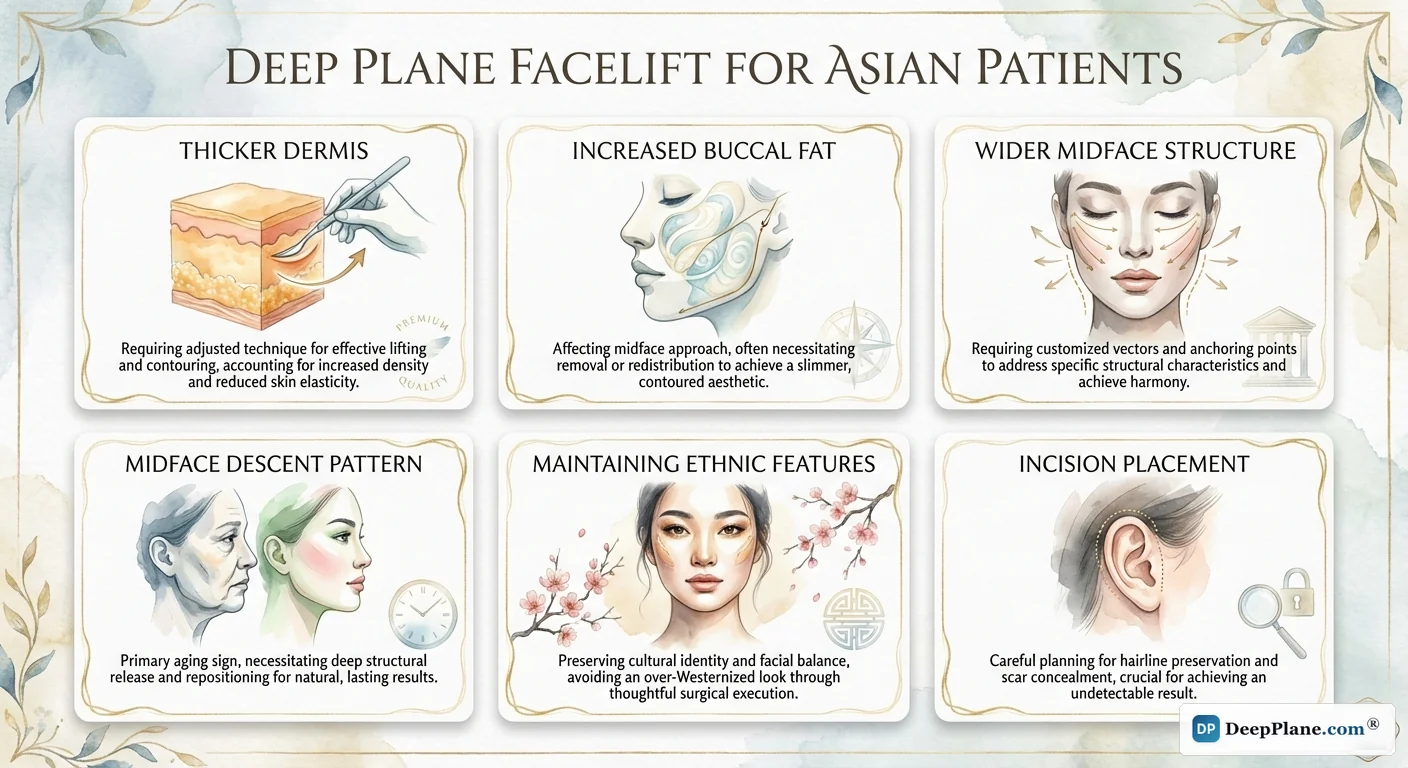 Deep plane facelift considerations for Asian patients: thicker dermis, different fat distribution, wider midface, specific aging pattern