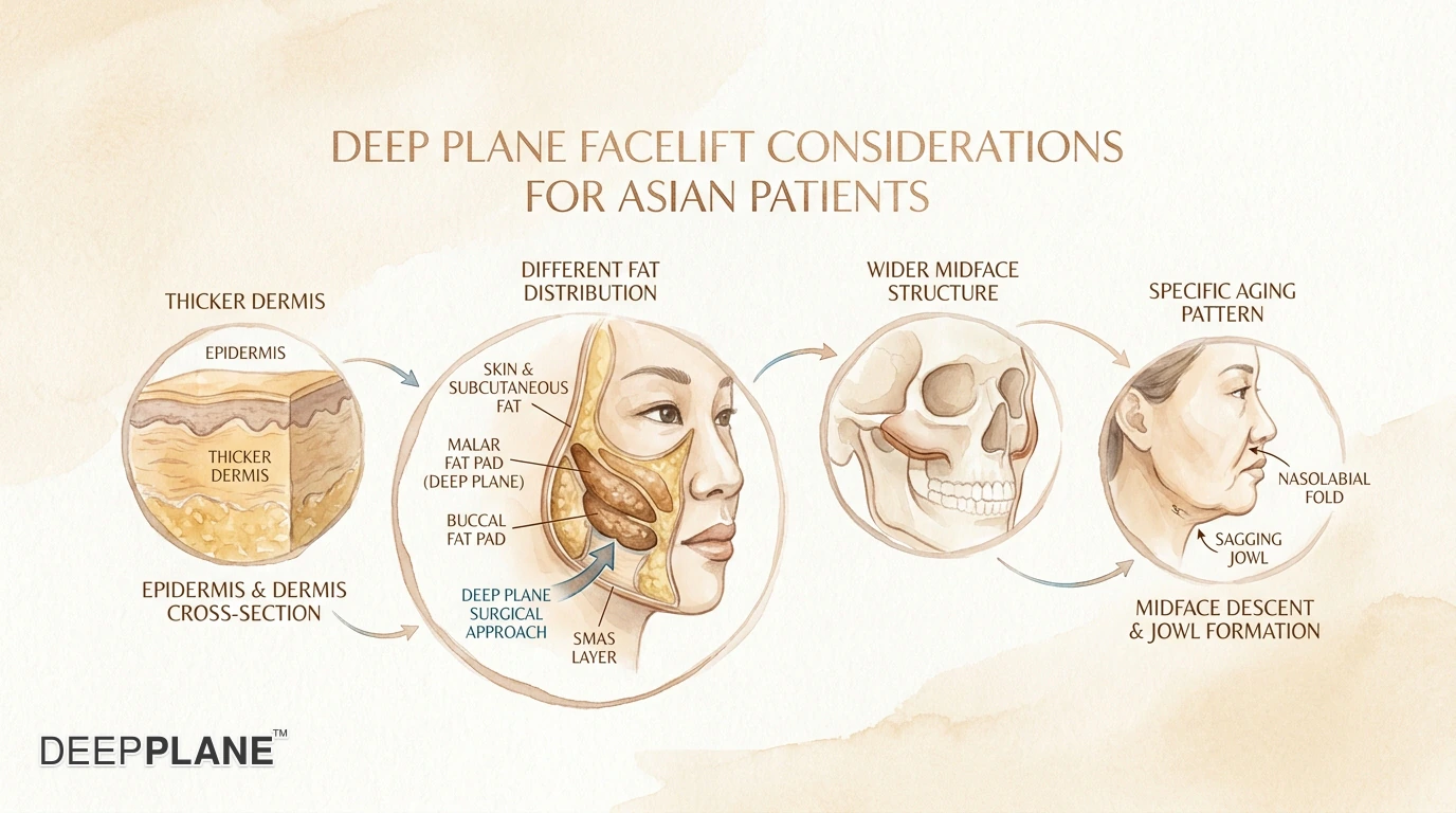 Deep plane facelift considerations for Asian patients: thicker dermis, different fat distribution, wider midface, specific aging pattern