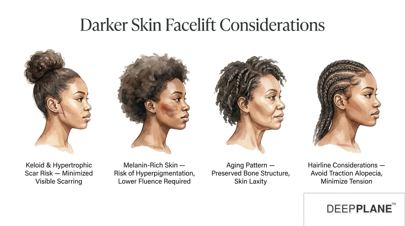 Deep plane facelift considerations for Black women: keloid scar risk, melanin-rich skin precautions, preserved bone structure, hairline considerations