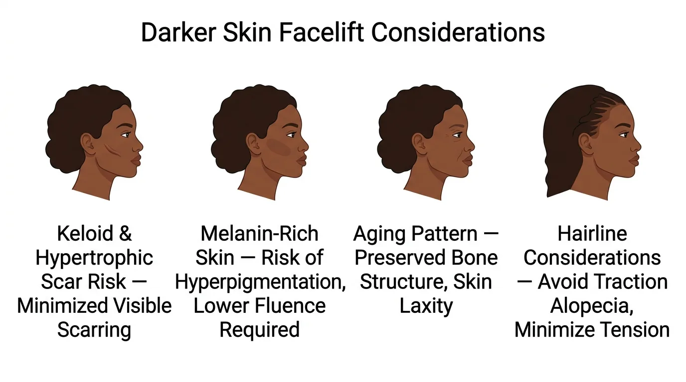 Deep plane facelift considerations for Black women: keloid scar risk, melanin-rich skin precautions, preserved bone structure, hairline considerations