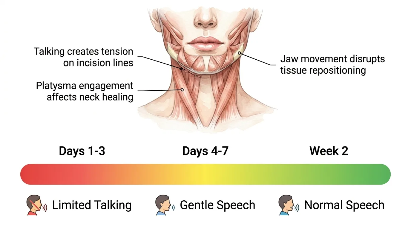 Why to limit talking after facelift: facial muscles create tension on sutures, jaw movement disrupts tissue healing, platysma affects neck recovery