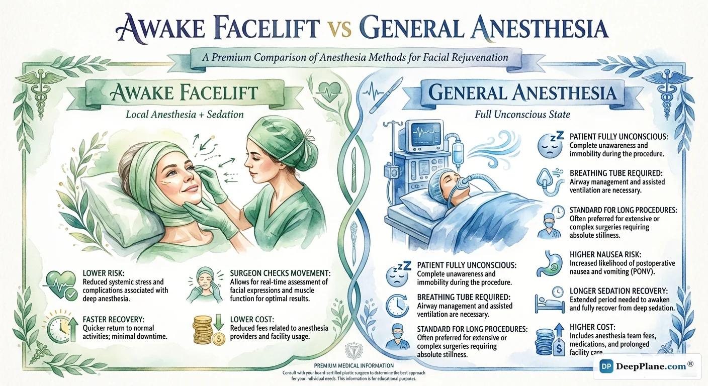 Awake facelift versus general anesthesia comparison: local with sedation offers lower risk and faster recovery versus full unconscious approach