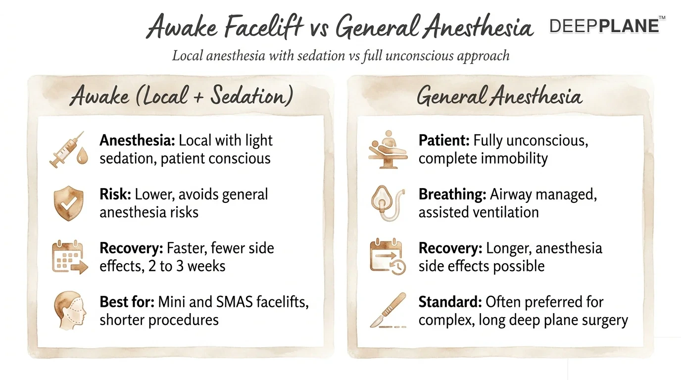 Awake facelift versus general anesthesia comparison: local with sedation offers lower risk and faster recovery versus full unconscious approach
