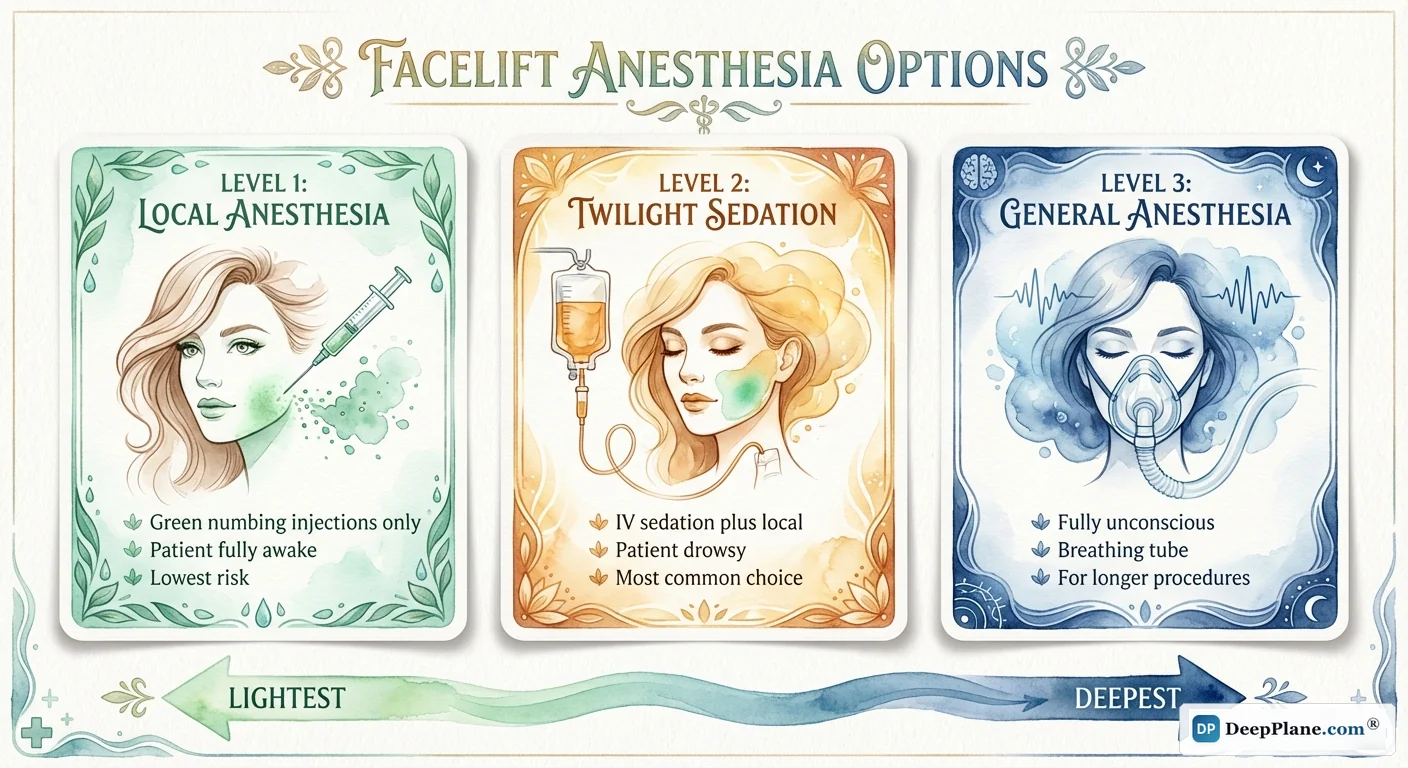Facelift sedation options comparison: general anesthesia, IV sedation, and local anesthesia
