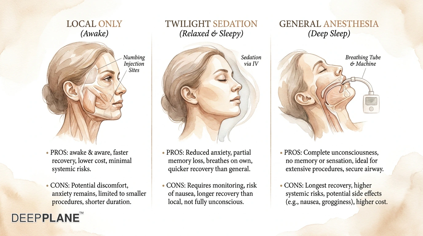 Facelift sedation options comparison: general anesthesia, IV sedation, and local anesthesia