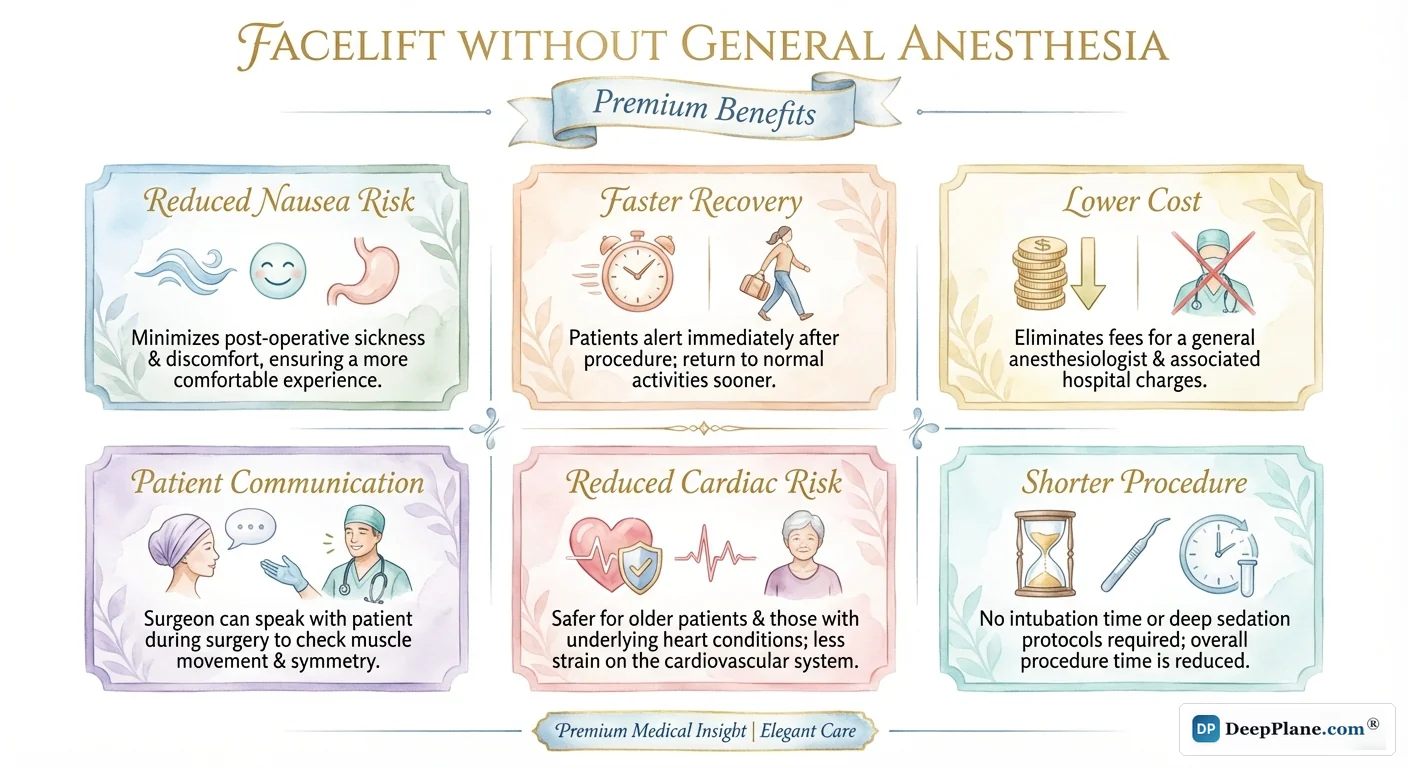 Benefits of facelift without general anesthesia: reduced nausea, faster recovery, lower cost, patient-surgeon communication, reduced cardiac risk