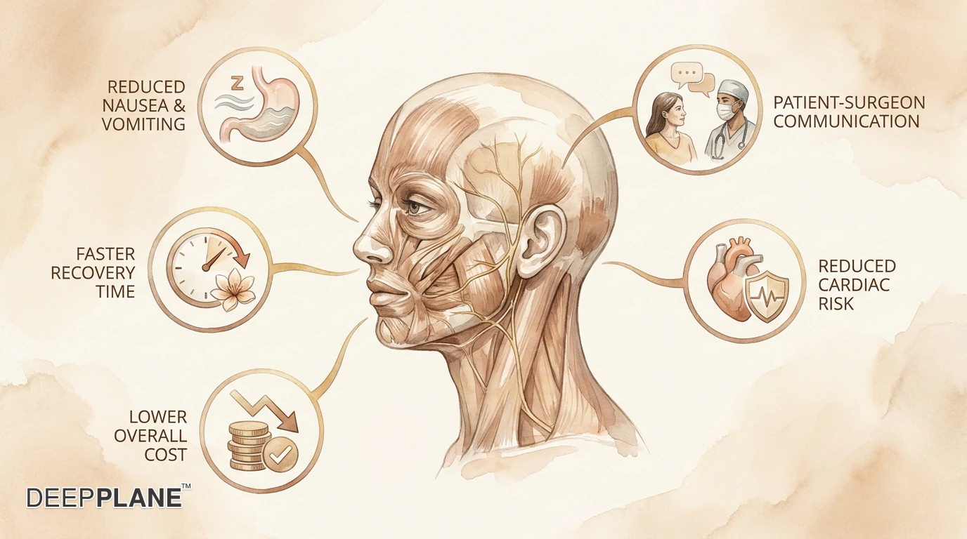 Benefits of facelift without general anesthesia: reduced nausea, faster recovery, lower cost, patient-surgeon communication, reduced cardiac risk