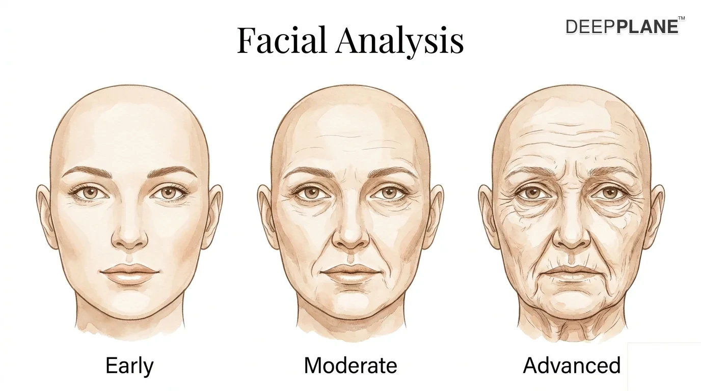 Facial aging analysis zones showing forehead, periorbital, midface, nasolabial, jowl, and neck assessment areas used in celebrity facelift evaluation
