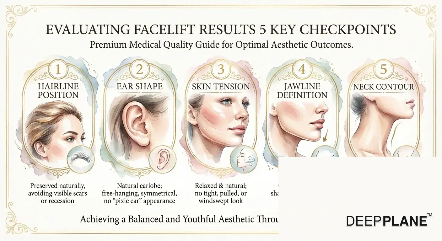 Five checkpoints for evaluating facelift results: hairline position, ear shape, skin tension, jawline definition, and neck contour