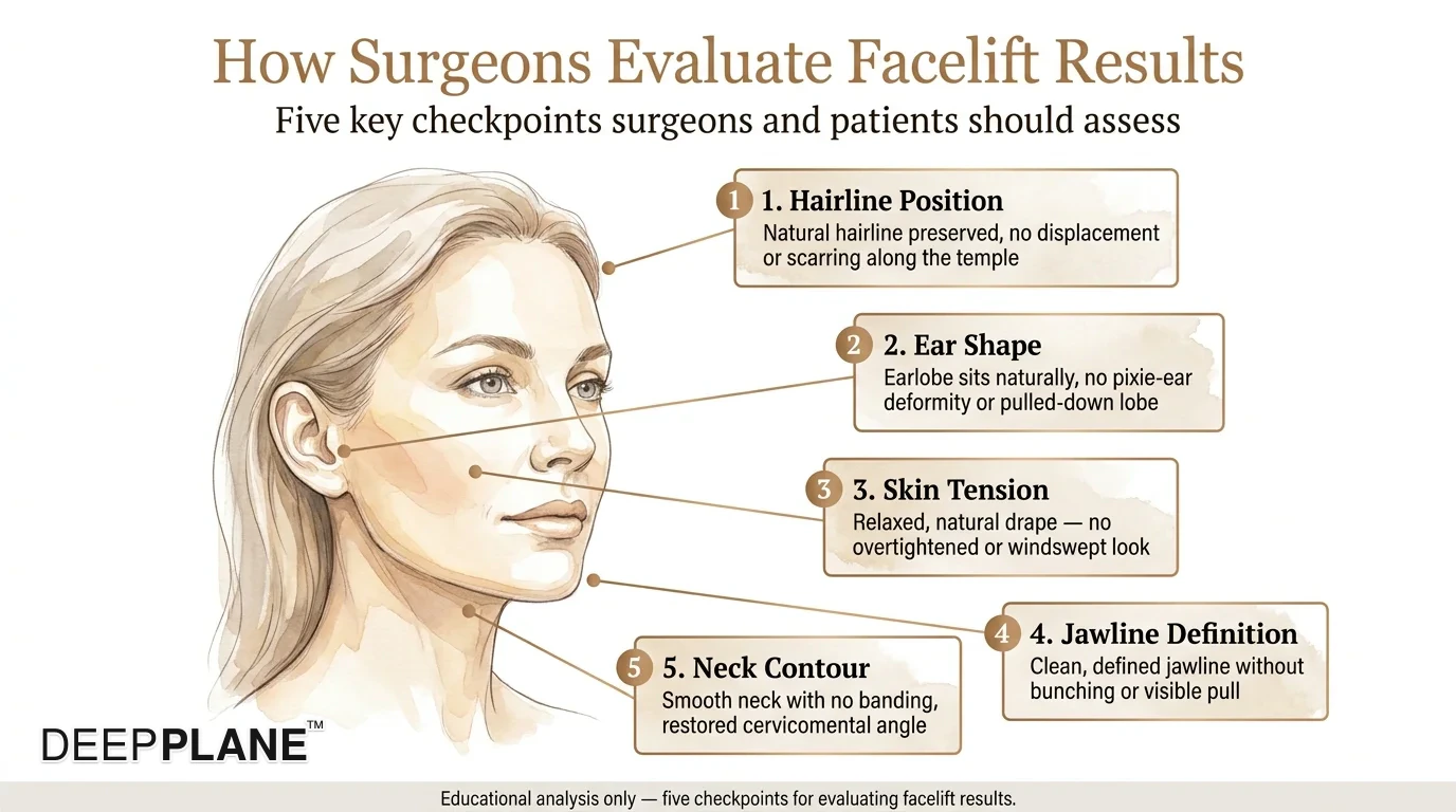 Five checkpoints for evaluating facelift results: hairline position, ear shape, skin tension, jawline definition, and neck contour