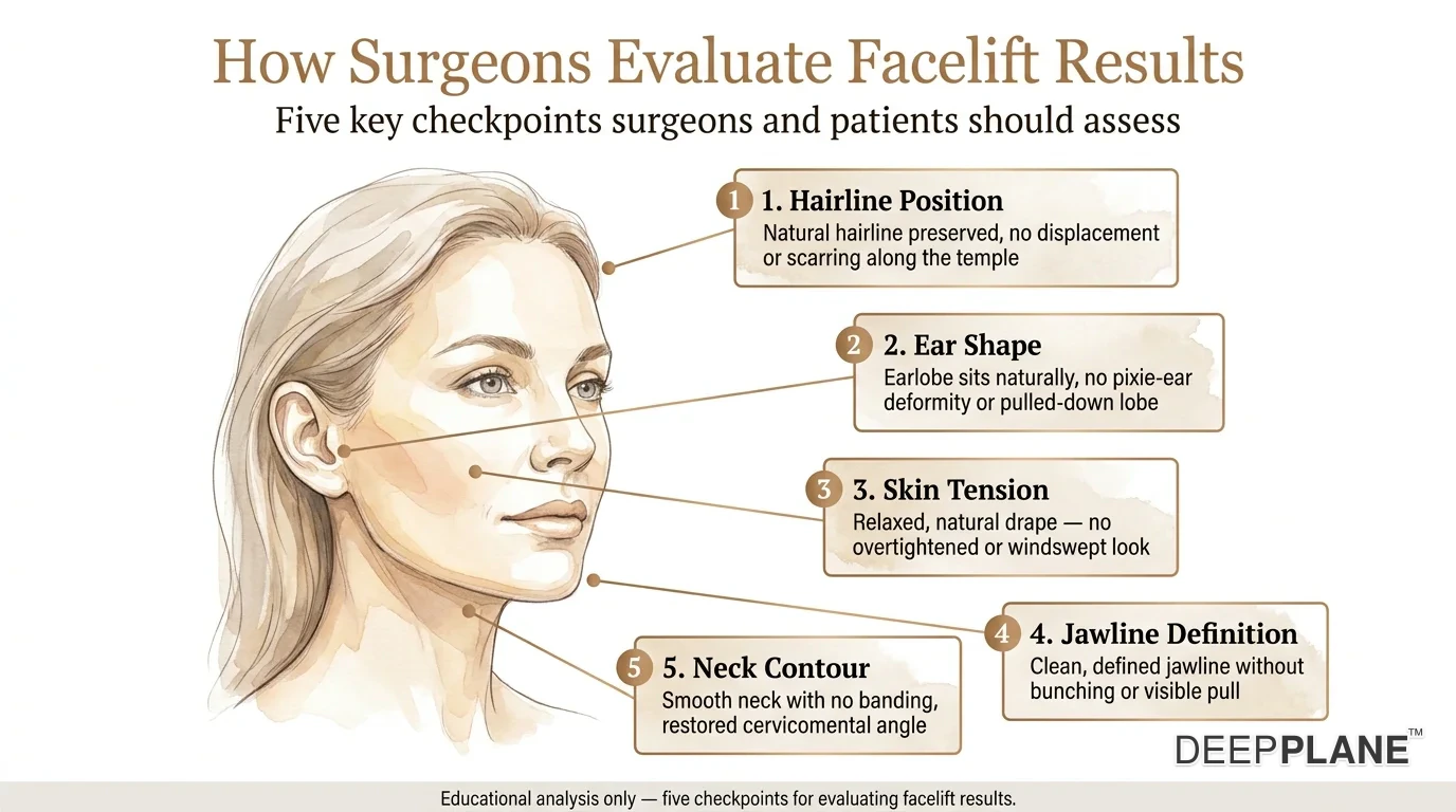 Illustration of the facial checkpoints used to evaluate a facelift result — hairline, ear shape, skin tension, jawline, and neck contour