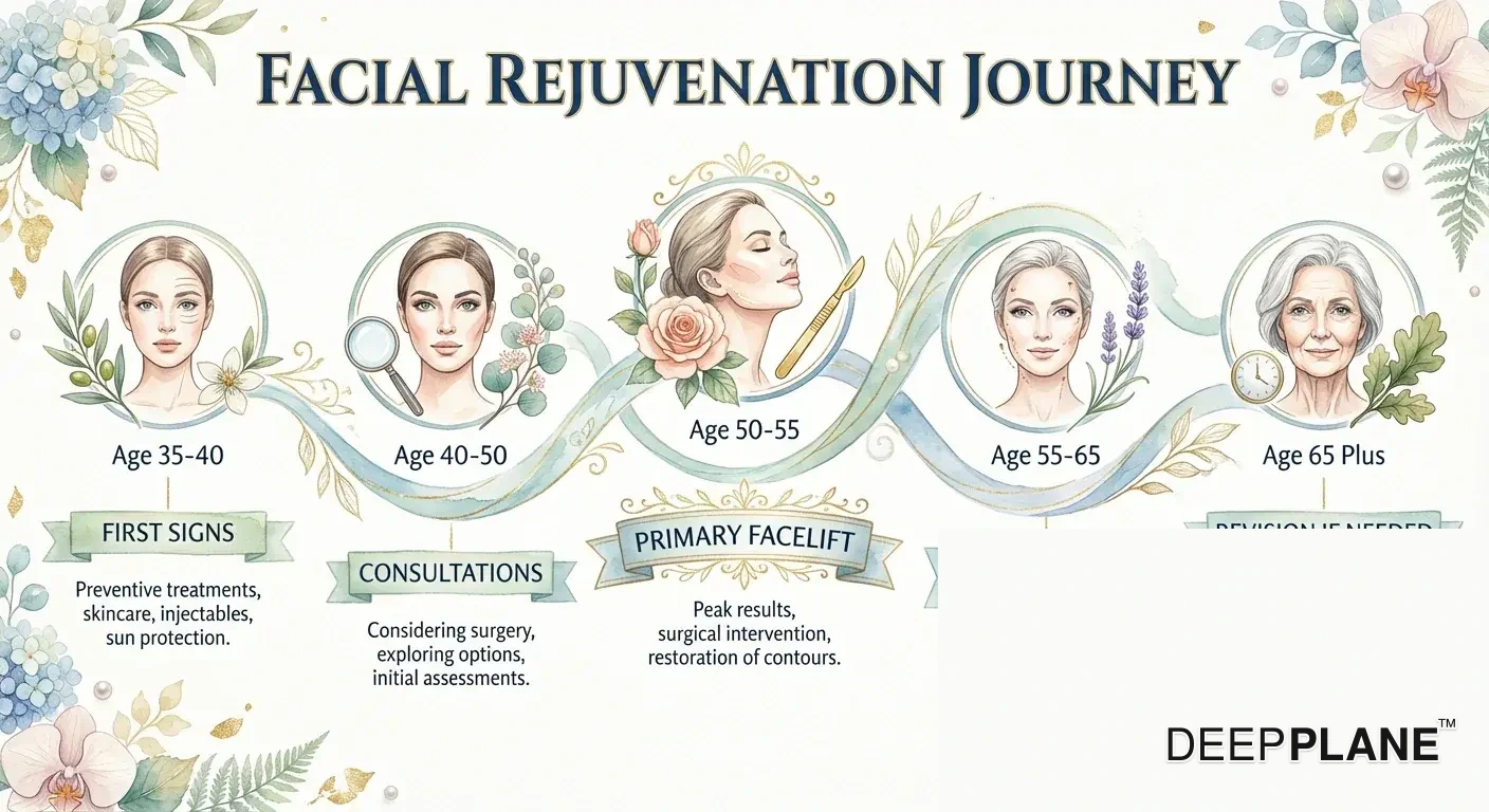 Typical celebrity facelift journey timeline from early aging signs through primary facelift to long-term maintenance