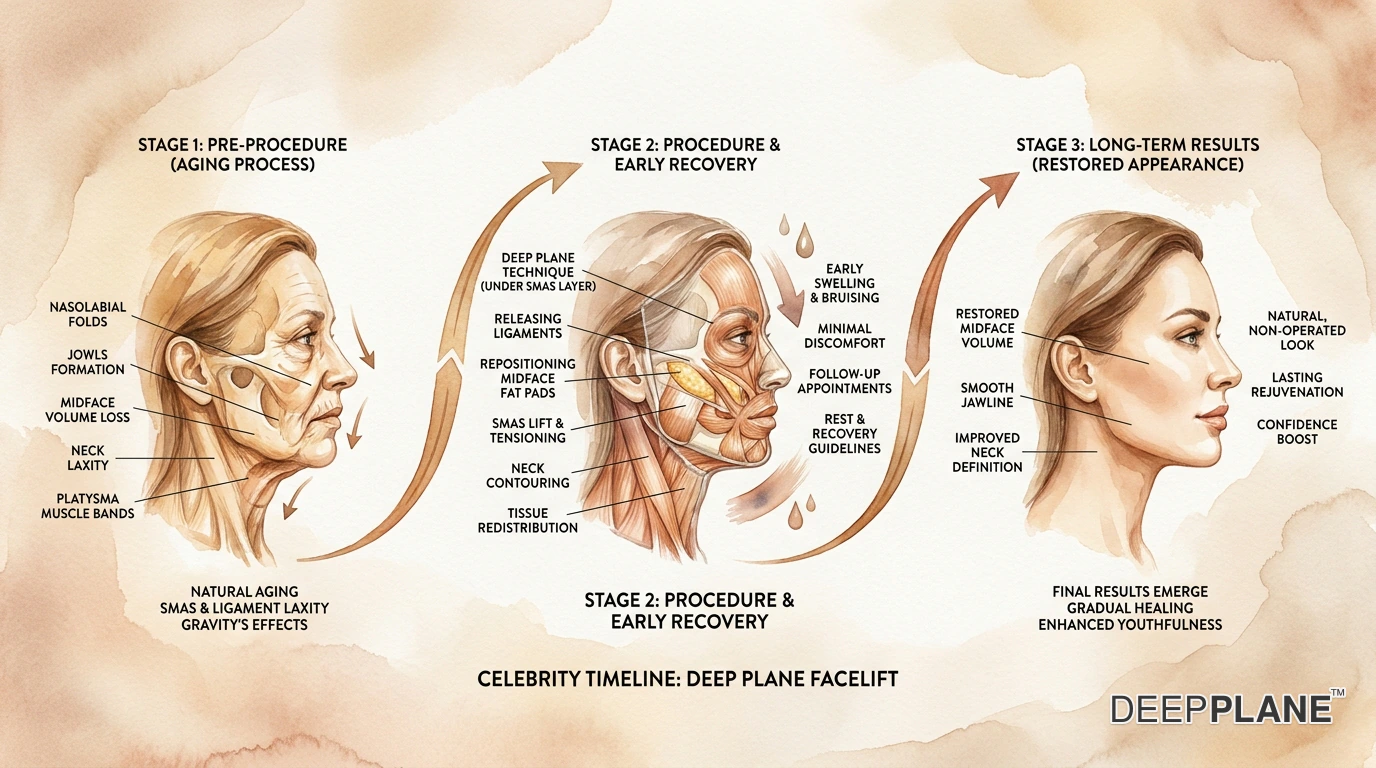 Typical celebrity facelift journey timeline from early aging signs through primary facelift to long-term maintenance