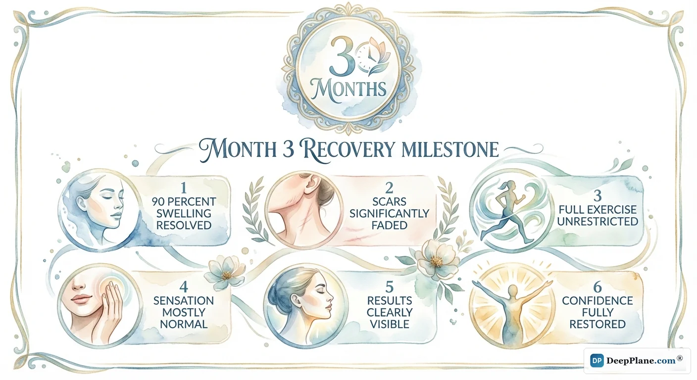 Month 3 recovery milestone: 90% swelling resolved, scars faded, full exercise, sensation returning