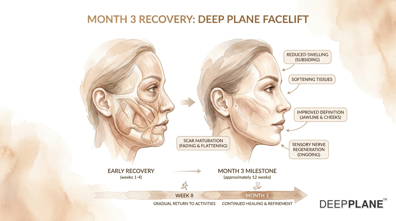 Month 3 recovery milestone: 90% swelling resolved, scars faded, full exercise, sensation returning