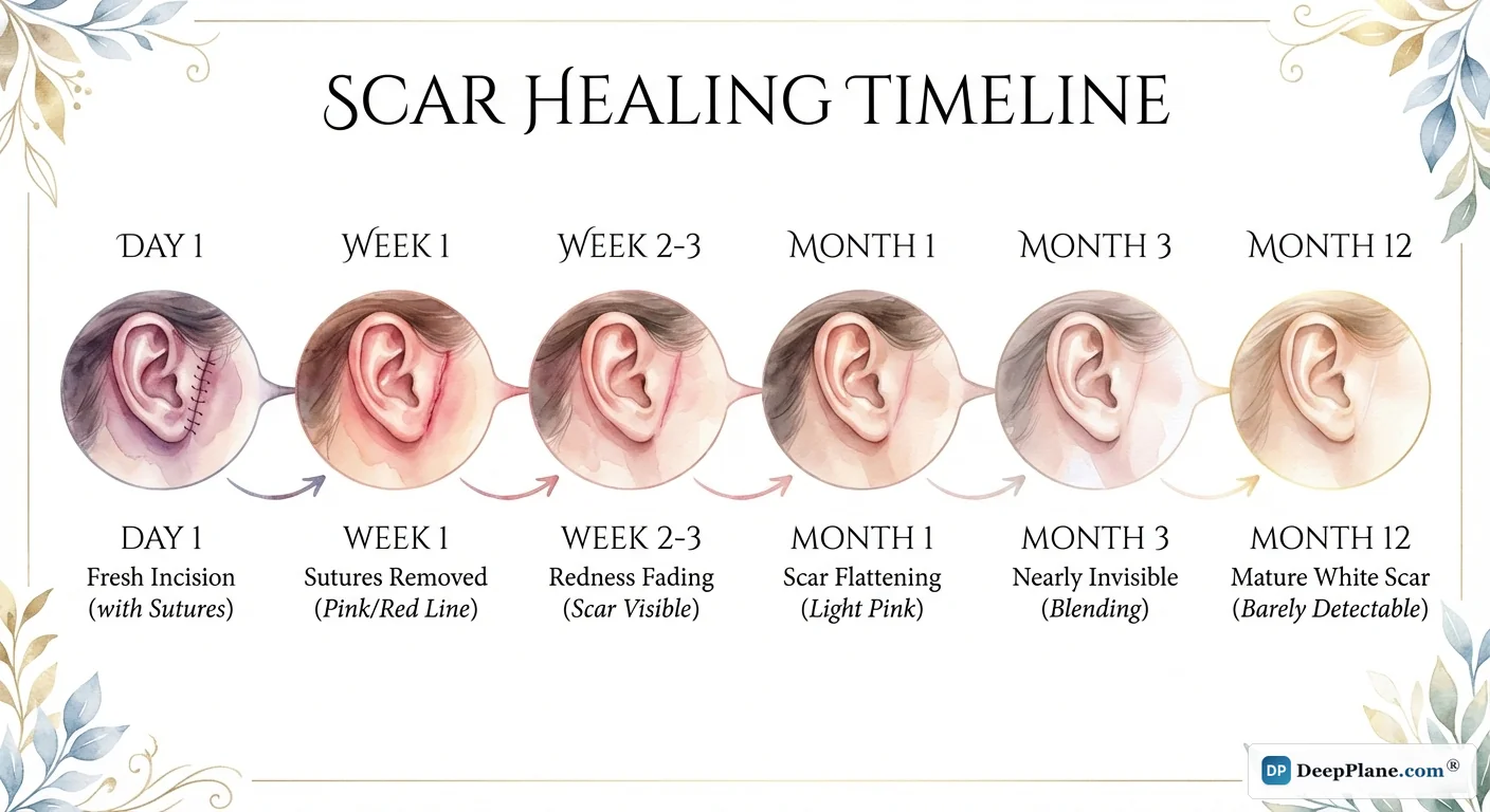 Post-facelift scar healing timeline from day 1 through month 12 showing progressive fading