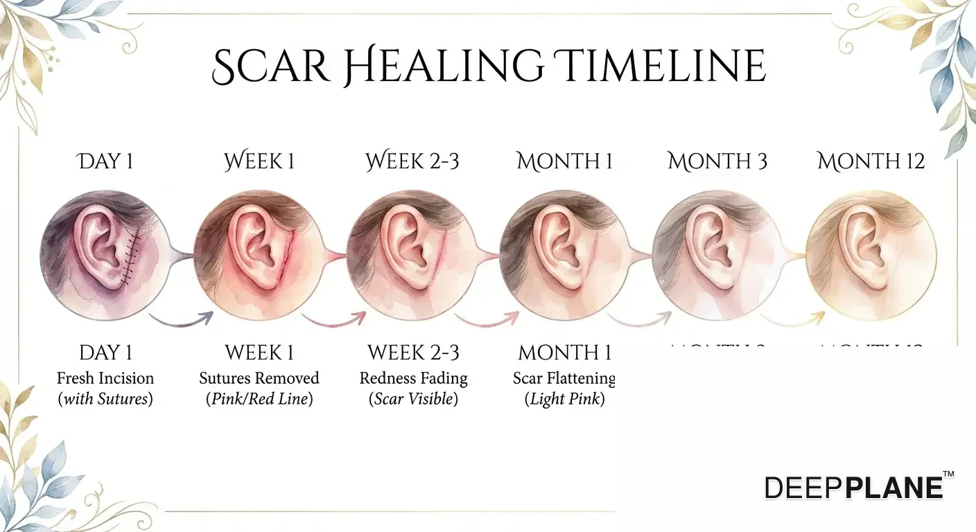 Post-facelift scar healing timeline from day 1 through month 12 showing progressive fading