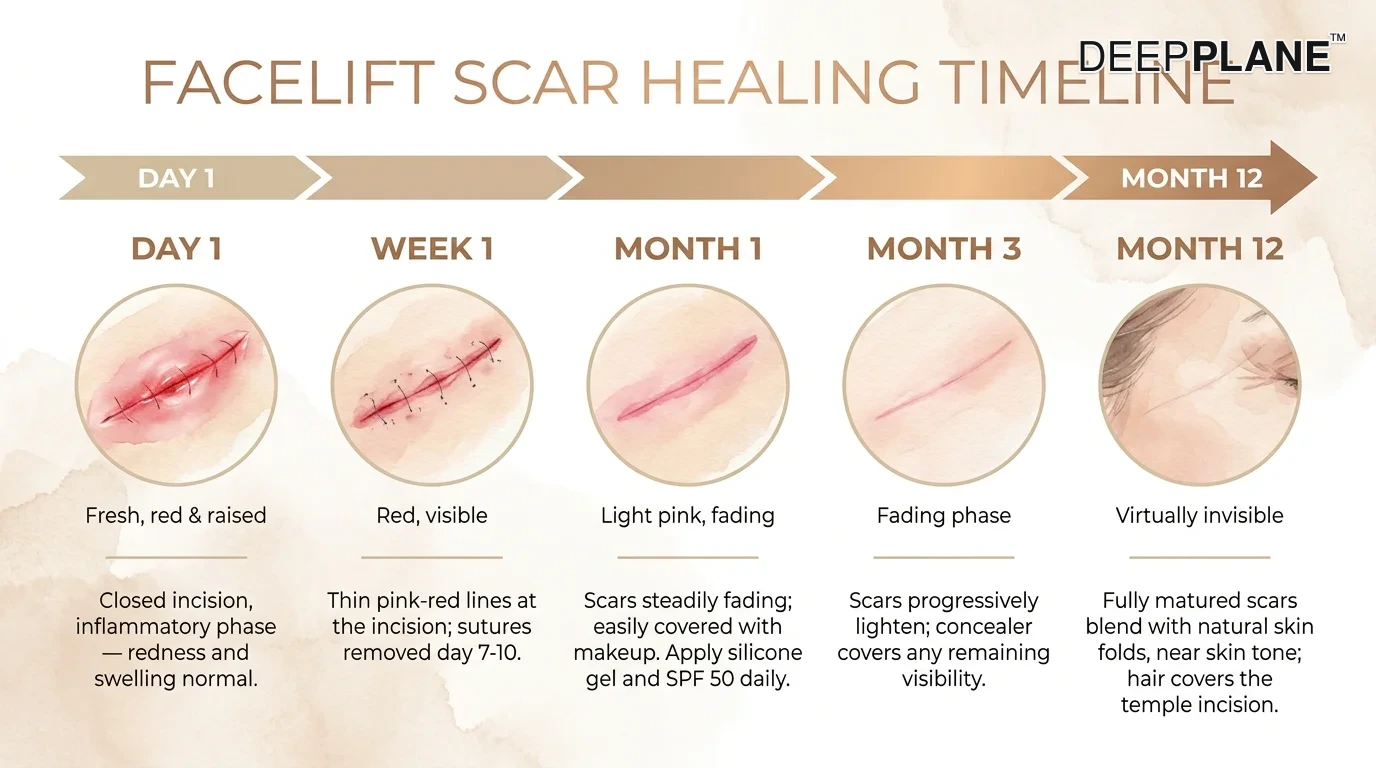 Post-facelift scar healing timeline from day 1 through month 12 showing progressive fading