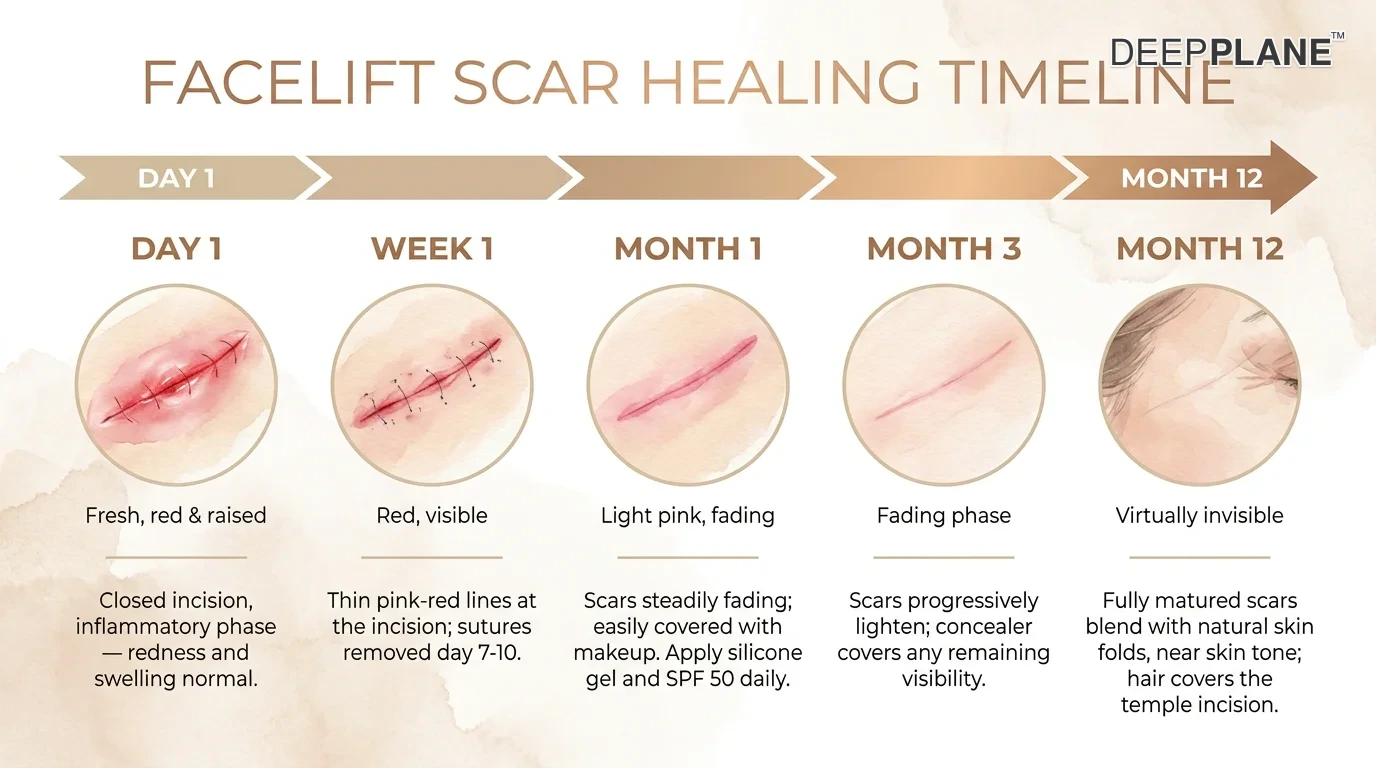 Post-facelift scar healing timeline from day 1 through month 12 showing progressive fading